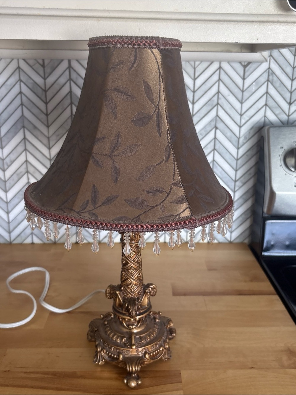 Vintage Ornate Beaded Fringe Table Lamp Shade in Burgundy and Gold